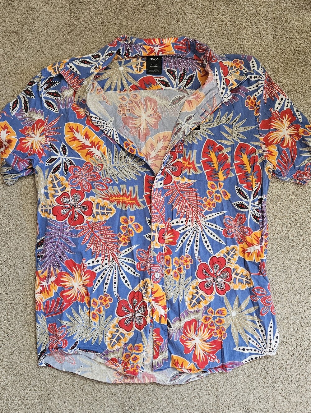 Men's RVCA Blue Tropical Floral Short Sleeve Button-Up Shirt LARGE EUC